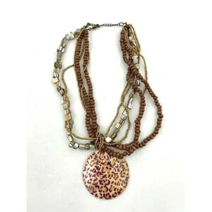Leopard Print Shell Pendant Layered Necklace Seashell Abalone Shells Wood Bead